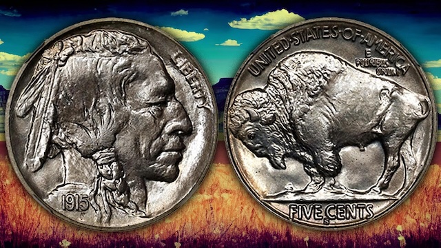 Comparison of 1915 Philadelphia (no mint mark) versus 1915-S Buffalo Nickel reverse, showing the S mint mark location