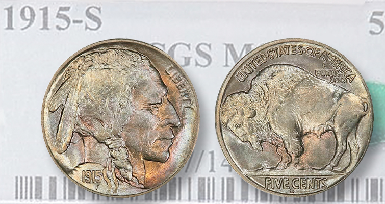 1915-S Buffalo Nickel RPM FS-501 showing repunched S mint mark with secondary impression visible
