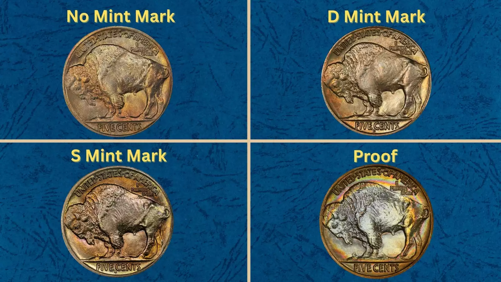 Group of 1915 Buffalo Nickels showing all three mint mark varieties: Philadelphia, Denver, and San Francisco