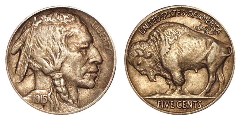 Buffalo Nickel grading strip showing four condition tiers from worn Good grade to Gem Mint State